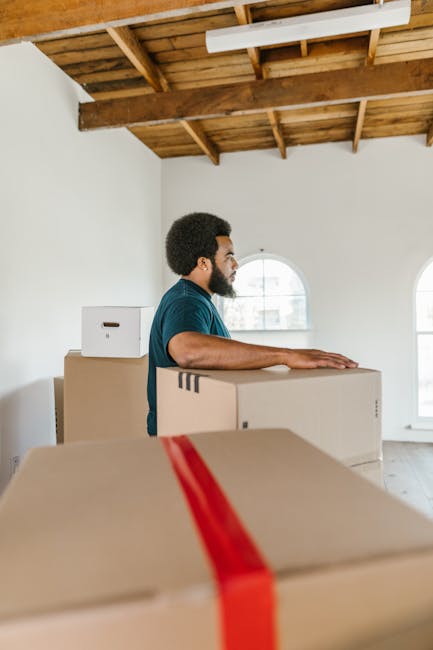 A man wearing a black cap, white t-shirt, and earphones stands inside the open rear of a van used for house removals. He is holding a cardboard box with both hands, preparing for a furniture transport